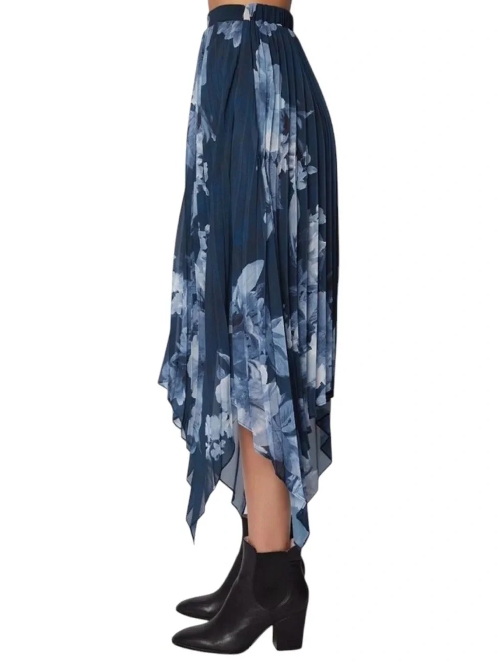 Lost + Wander Navy Blue Floral Pleated Asymmetrical Skirt
